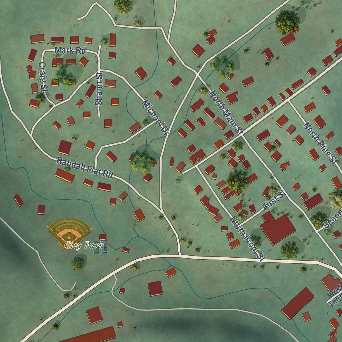 Close-up of the map of Troy, Idaho print showing street and building detail