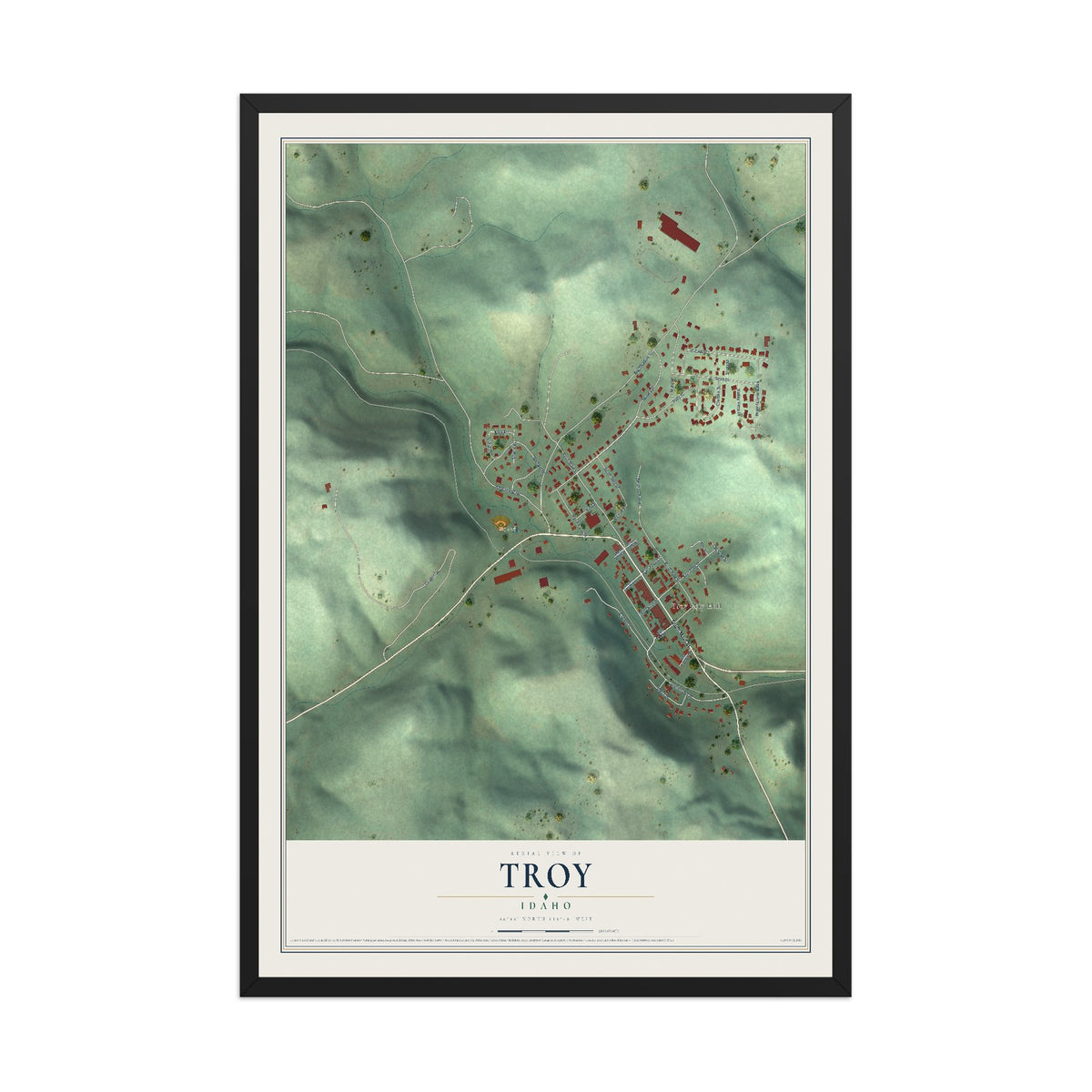 Map of Troy, Idaho, 12 x 18 inch print in a black wood frame