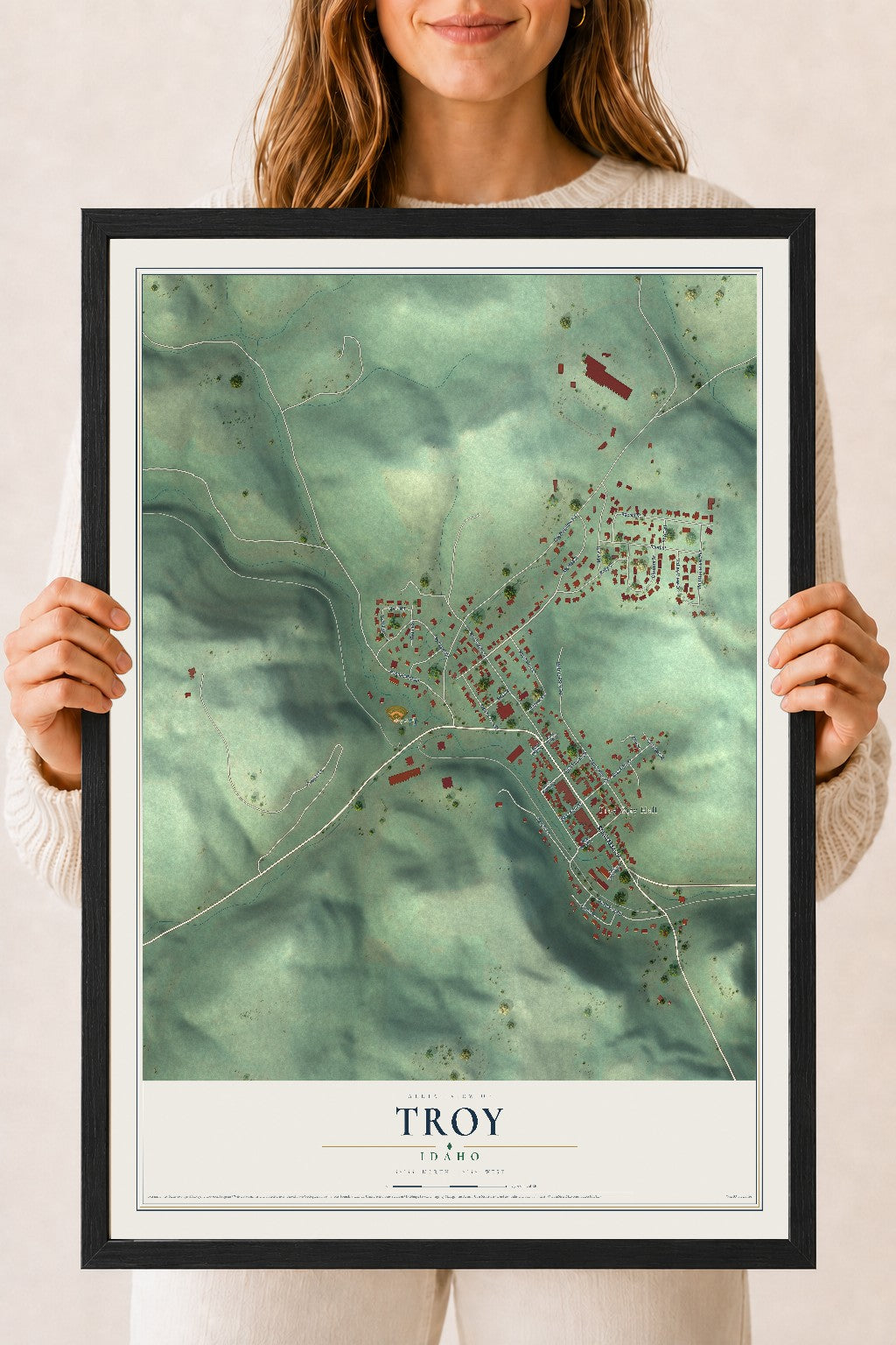 Map of Troy, Idaho, 18 x 24 inch print in a black wood frame