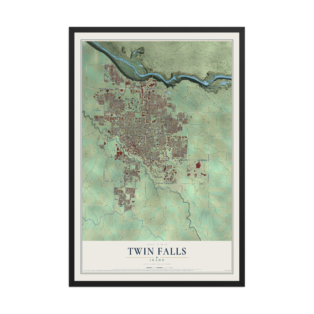 Map of Twin Falls, Idaho, 12 x 18 inch print in a black wood frame
