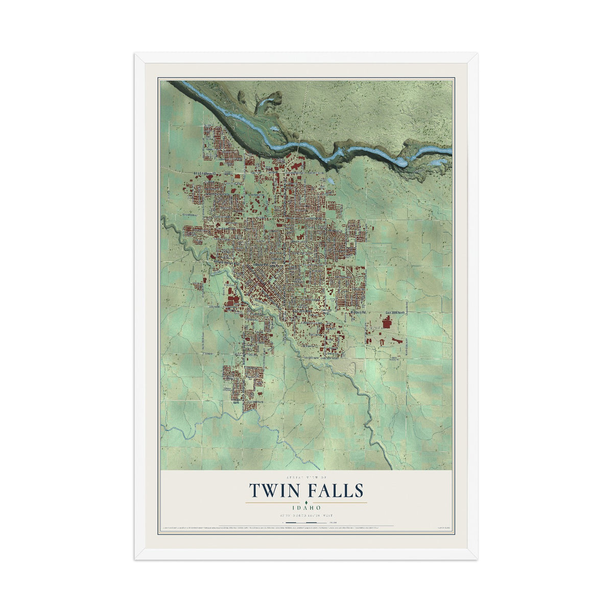 Map of Twin Falls, Idaho, 12 x 18 inch print in a white wood frame