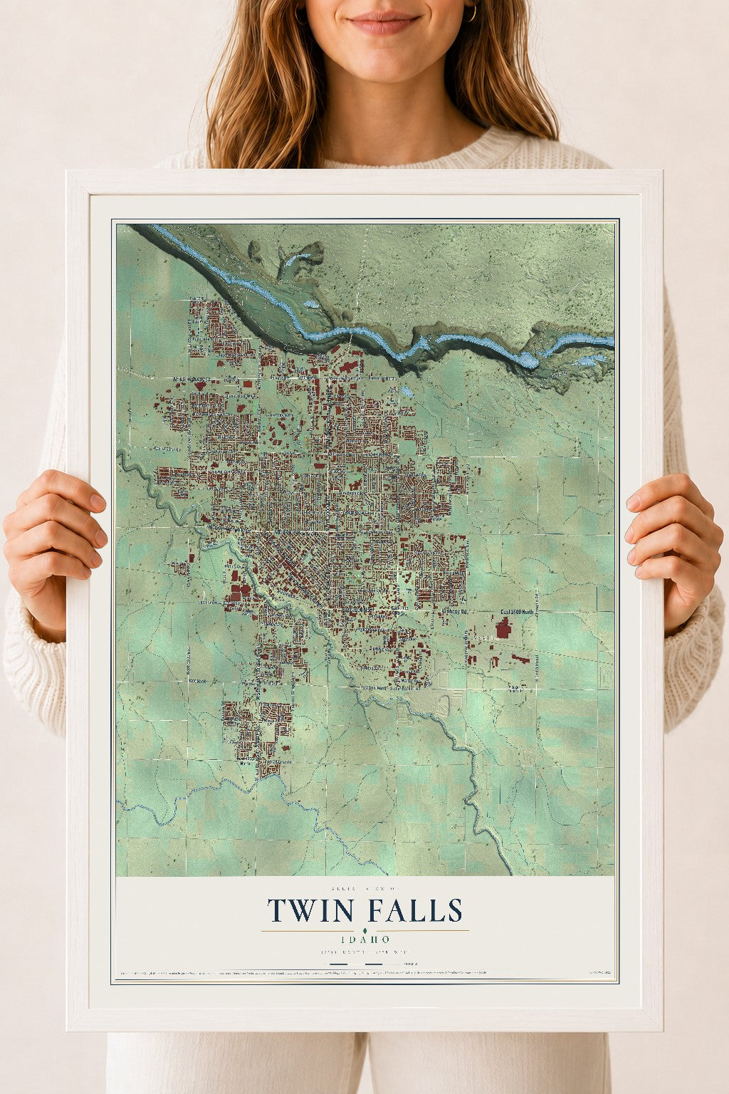 Map of Twin Falls, Idaho, 18 x 24 inch print in a white wood frame