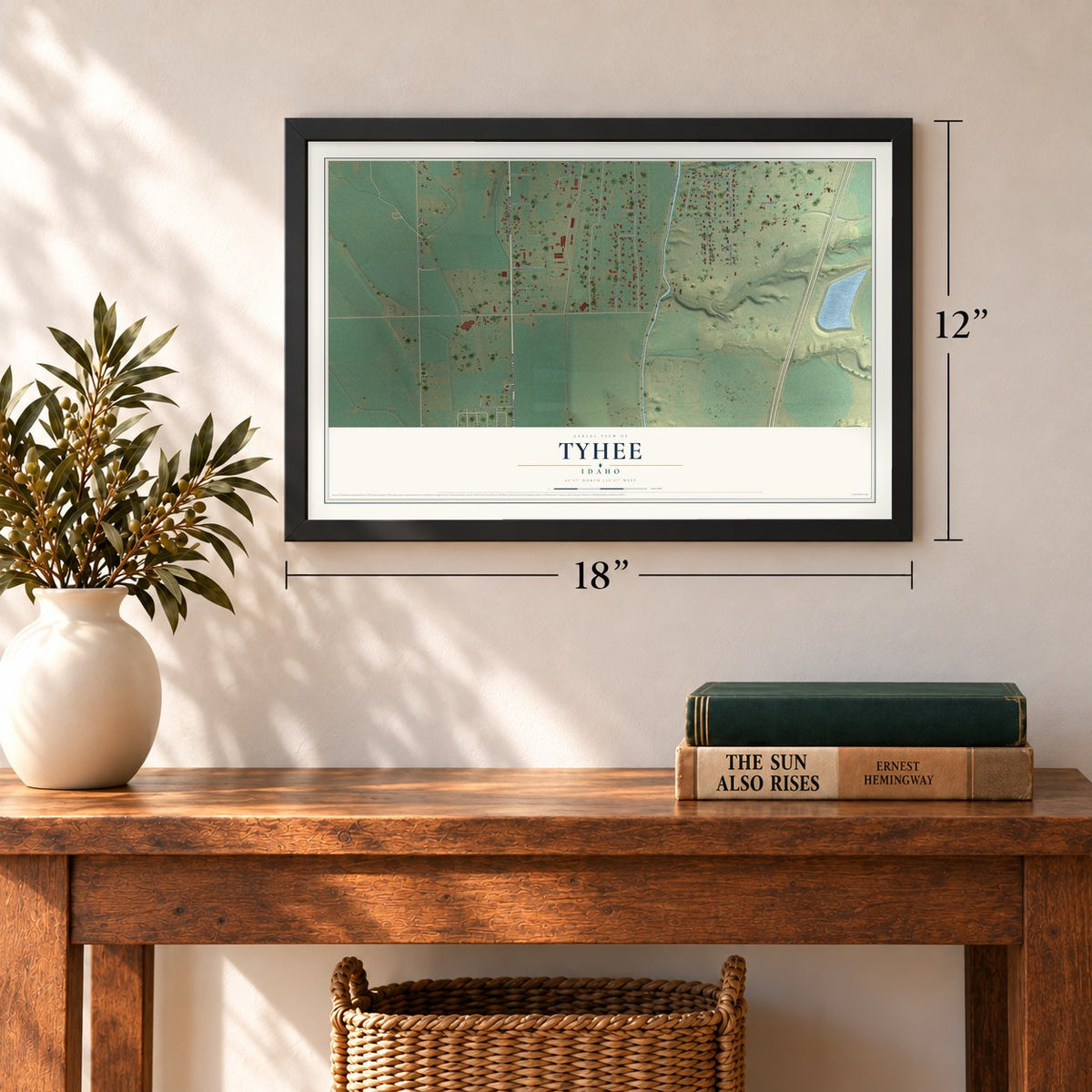 Tyhee, Idaho map, 12 x 18 inch print in a black frame in an entryway