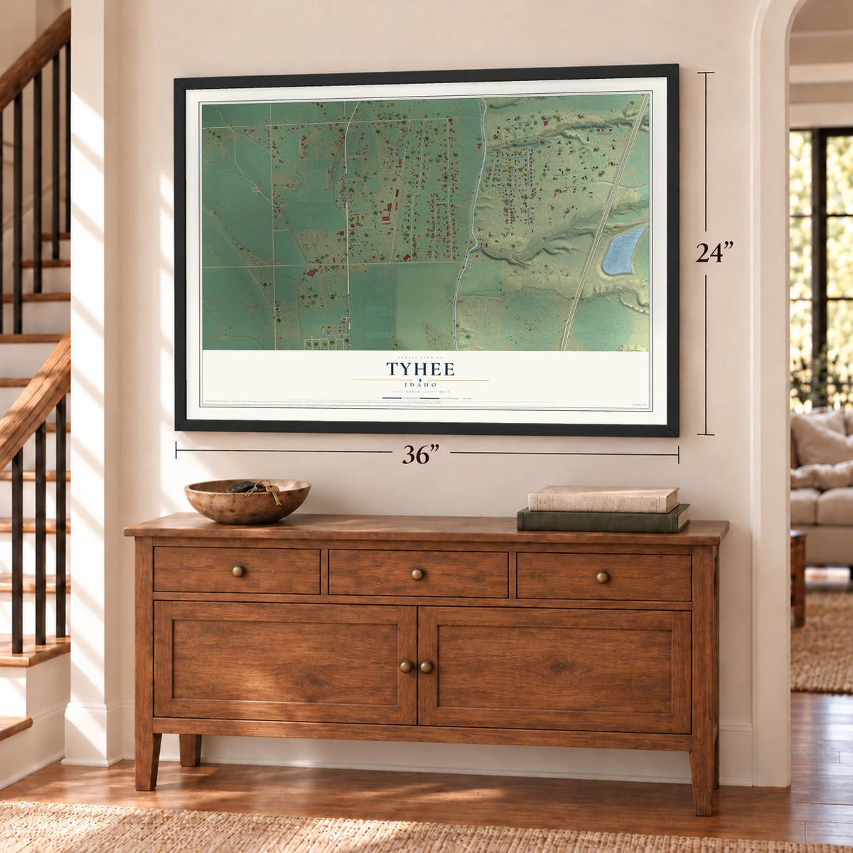 Tyhee, Idaho map, 24 x 36 inch print in a black frame above a dresser by a staircase