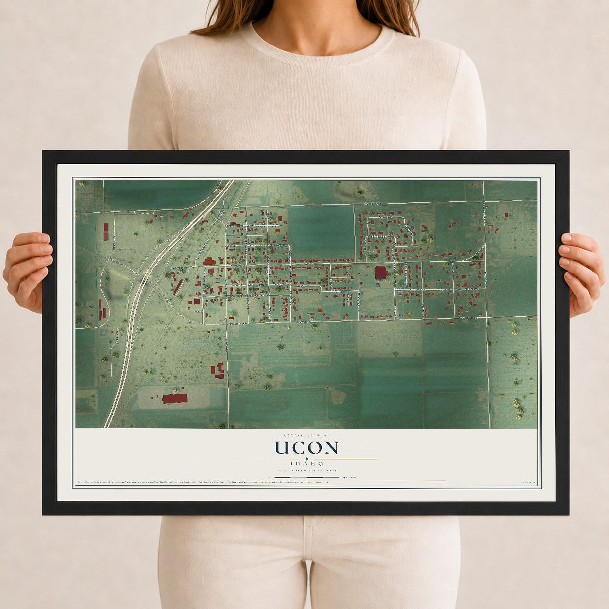 Map of Ucon, Idaho, 12 x 18 inch print in a black wood frame