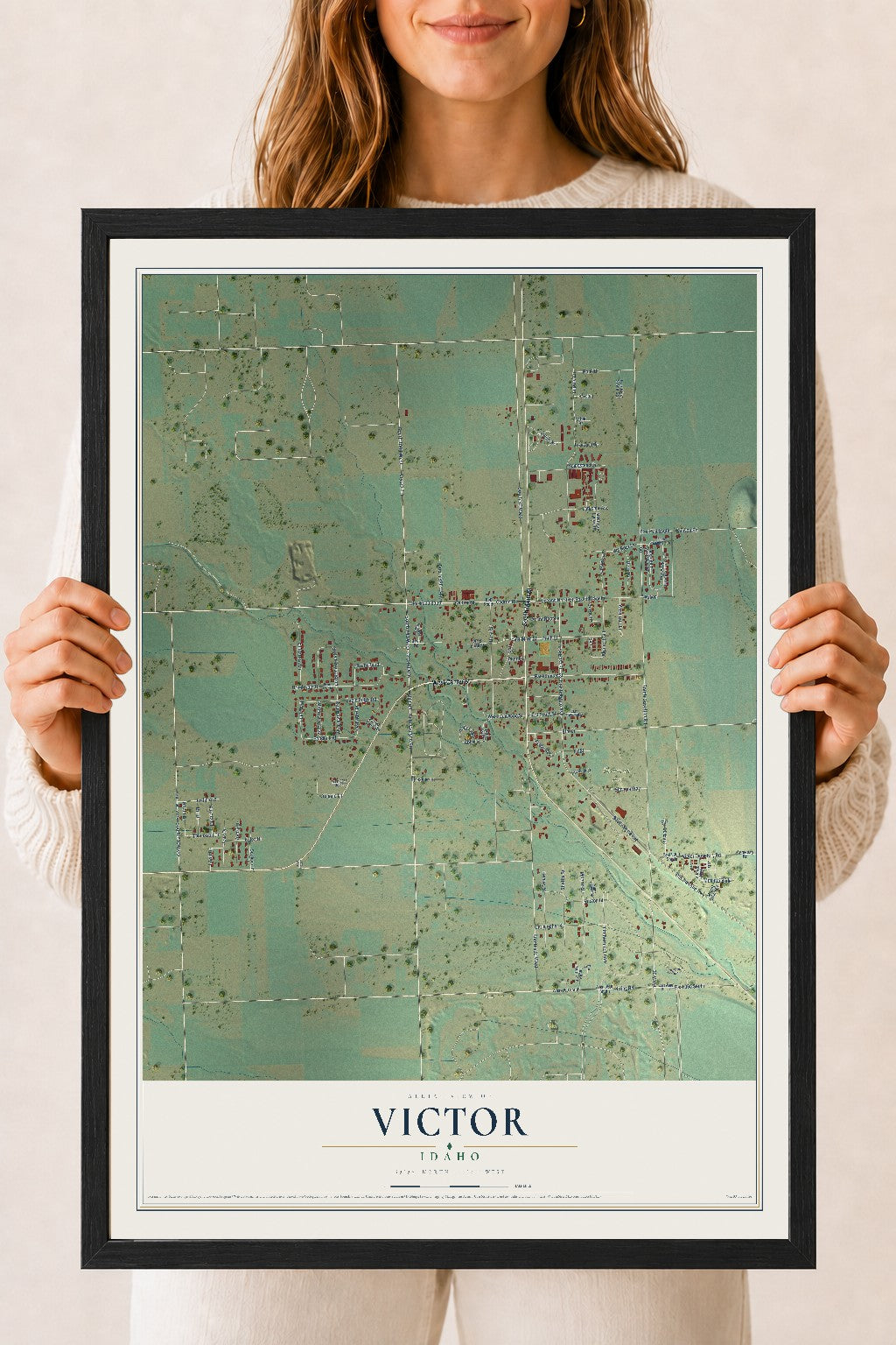 Map of Victor, Idaho, 18 x 24 inch print in a black wood frame