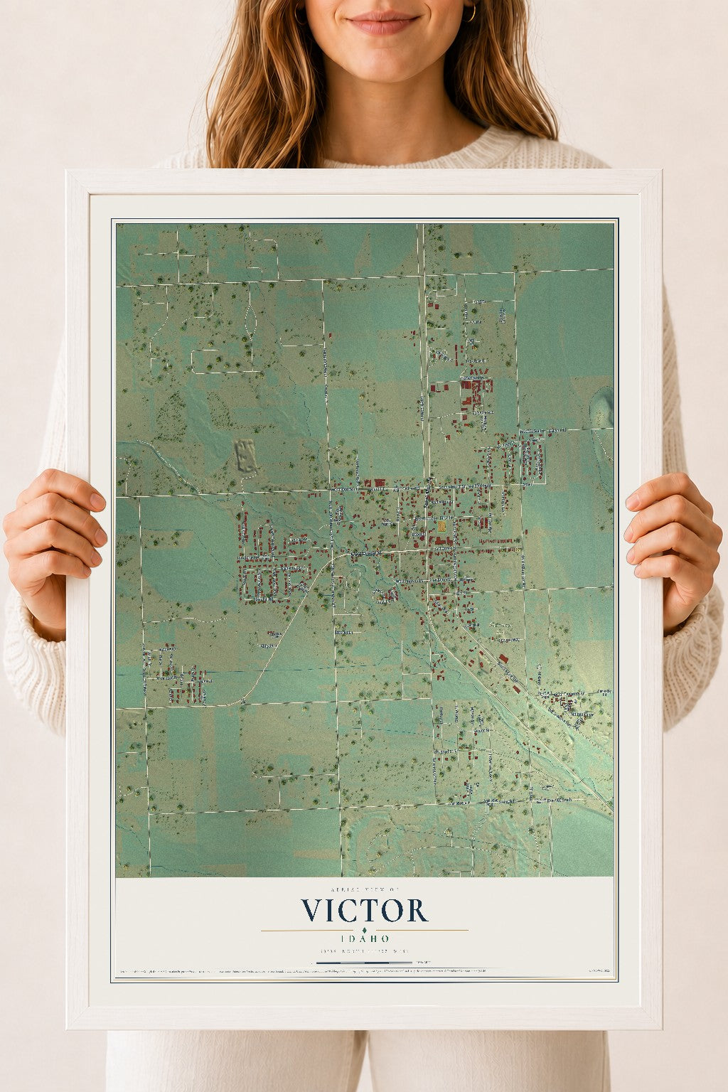 Map of Victor, Idaho, 18 x 24 inch print in a white wood frame