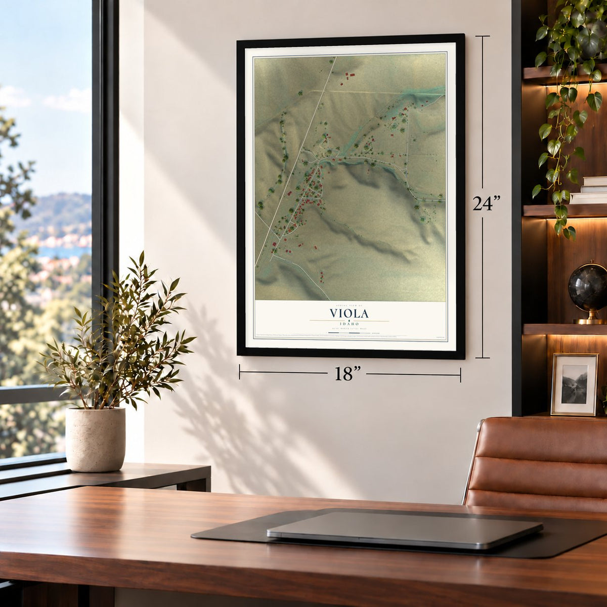 Viola, Idaho map, 18 x 24 inch print in a black frame in a home office