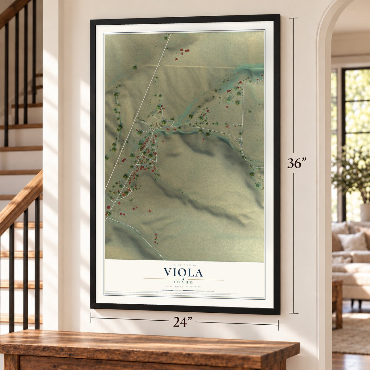 Viola, Idaho map, 24 x 36 inch print in a black frame by a staircase