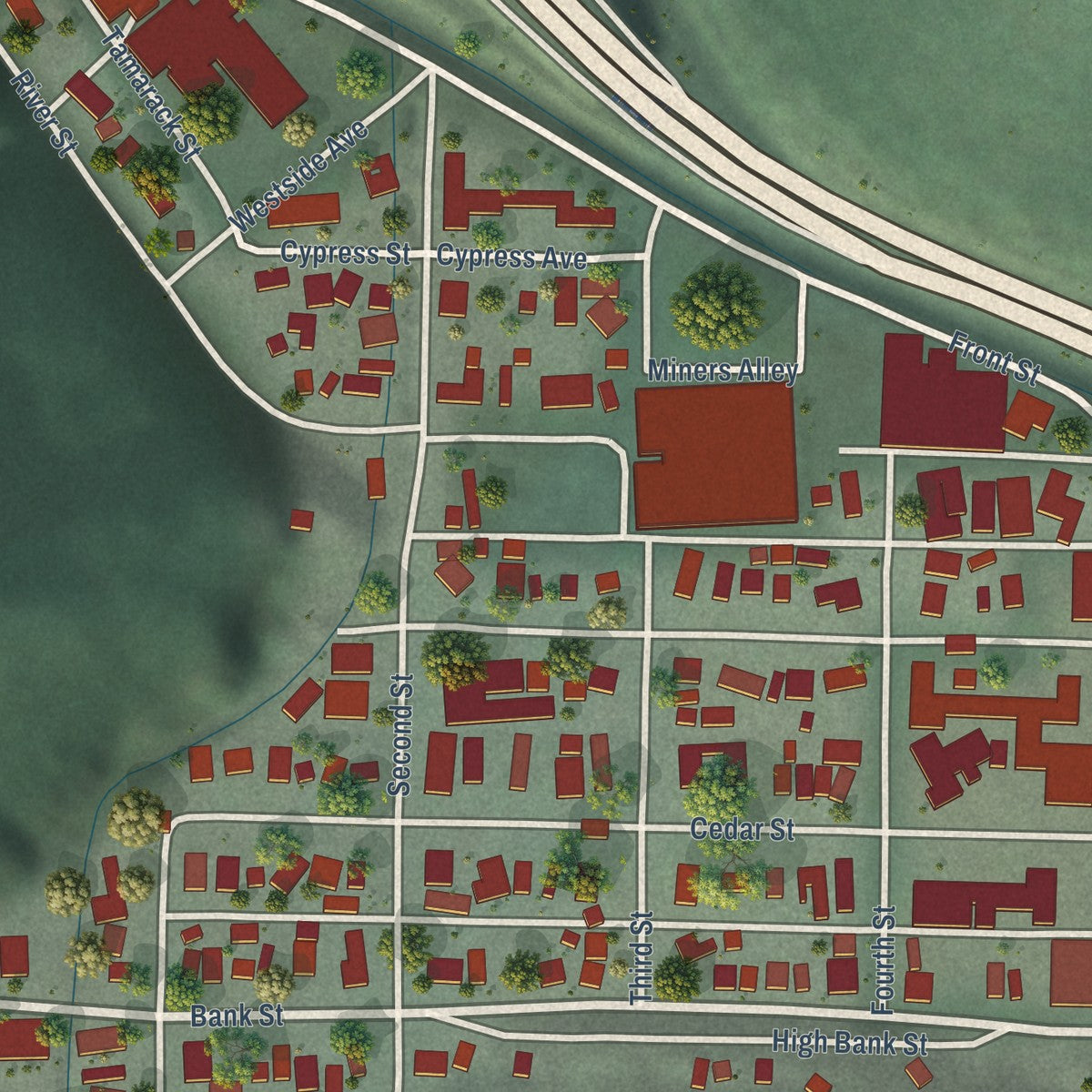 Close-up of the map of Wallace, Idaho print showing street and building detail