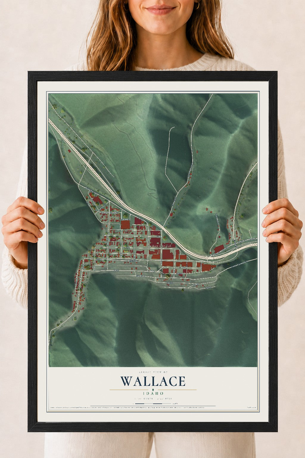 Map of Wallace, Idaho, 18 x 24 inch print in a black wood frame