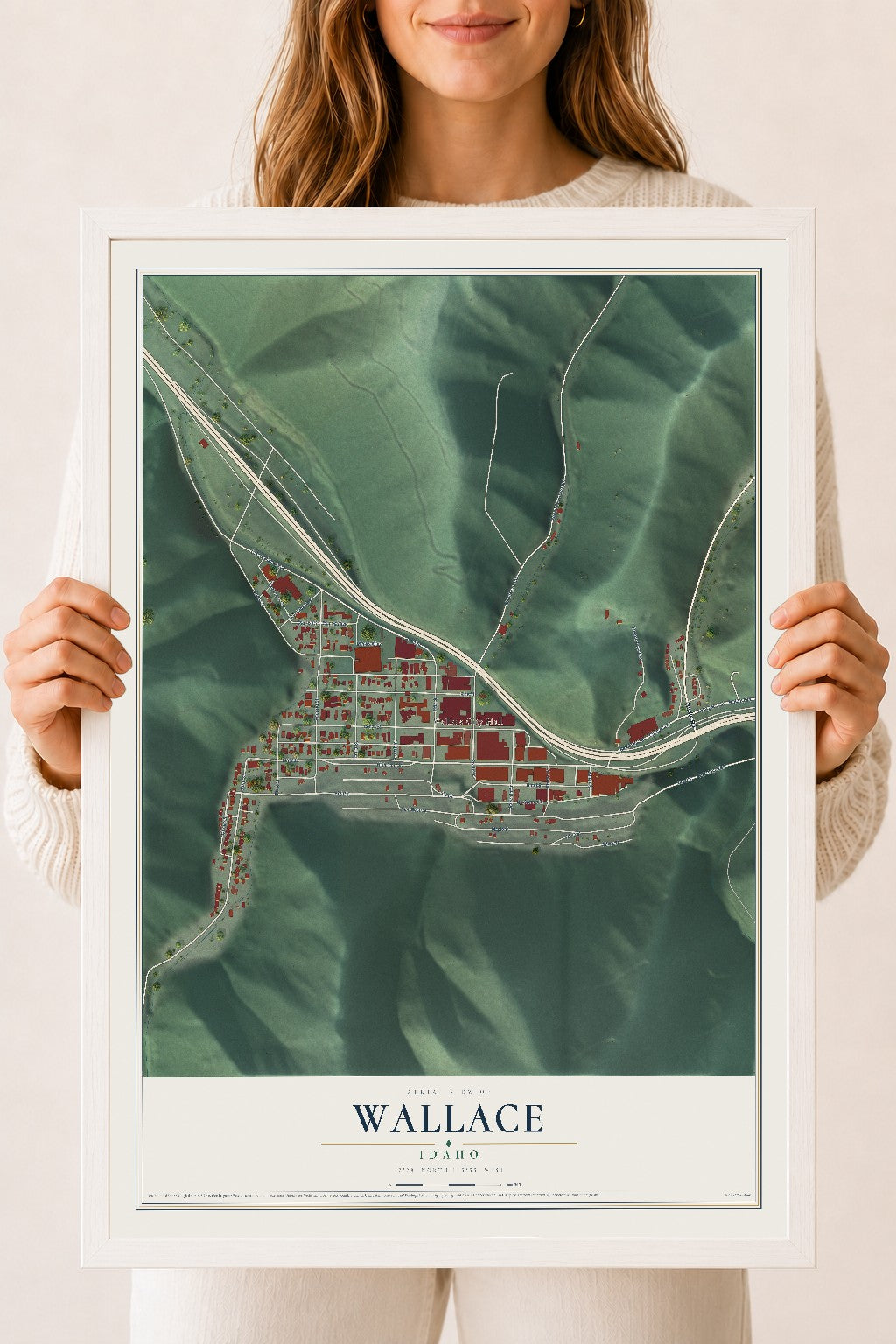Map of Wallace, Idaho, 18 x 24 inch print in a white wood frame