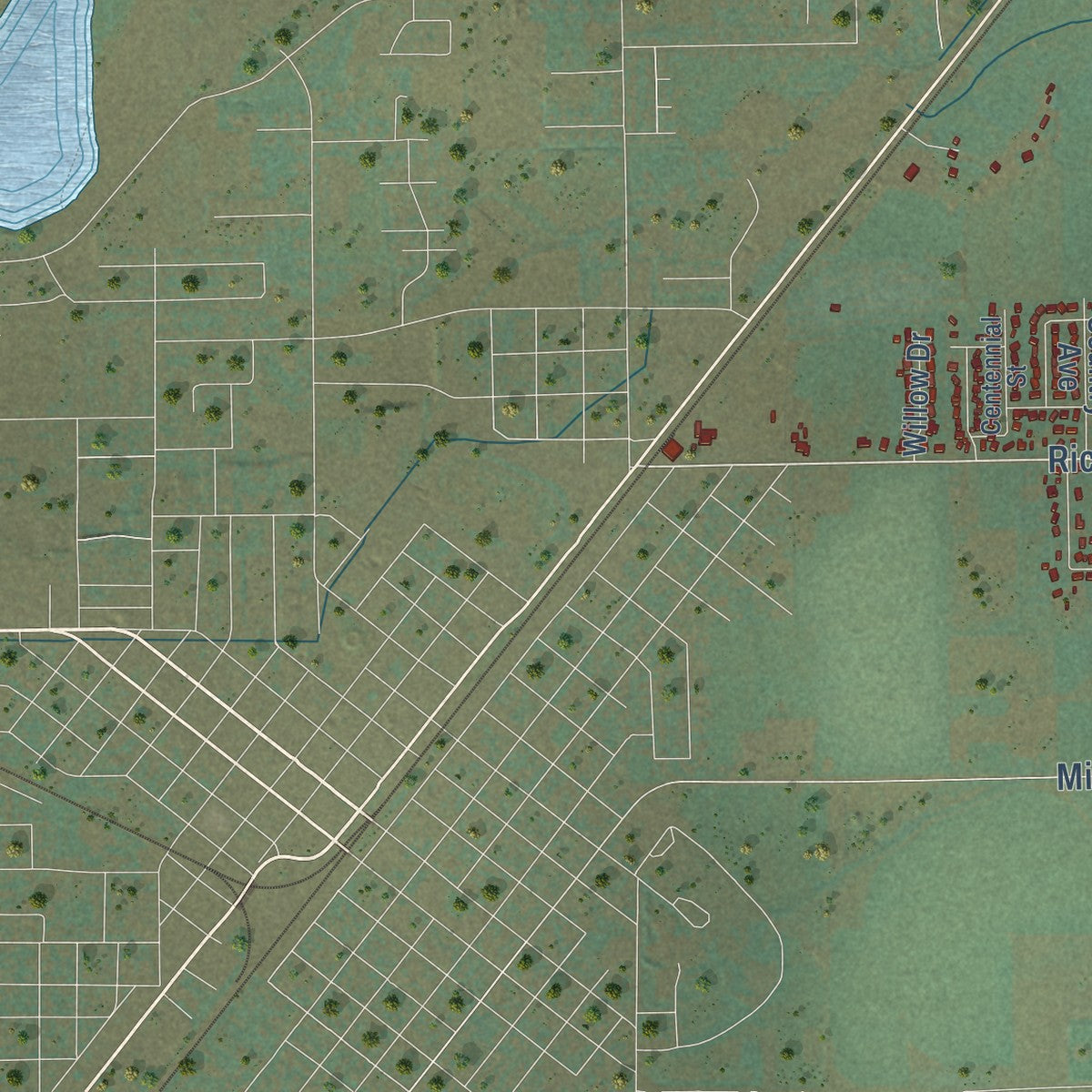 Close-up of the map of Wapello, Idaho print showing street and building detail