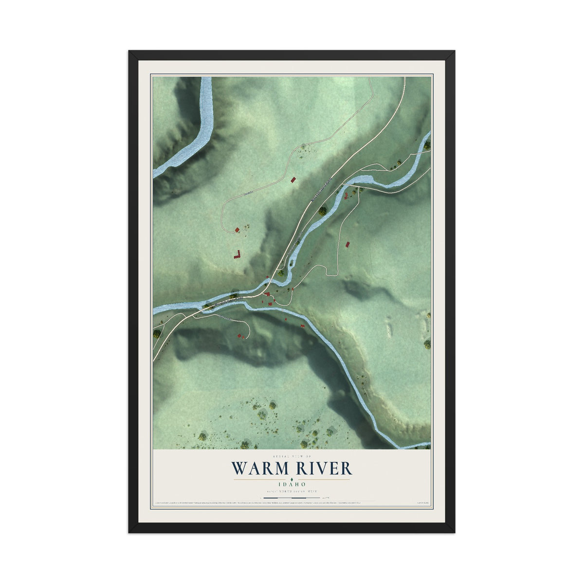 Map of Warm River, Idaho, 12 x 18 inch print in a black wood frame