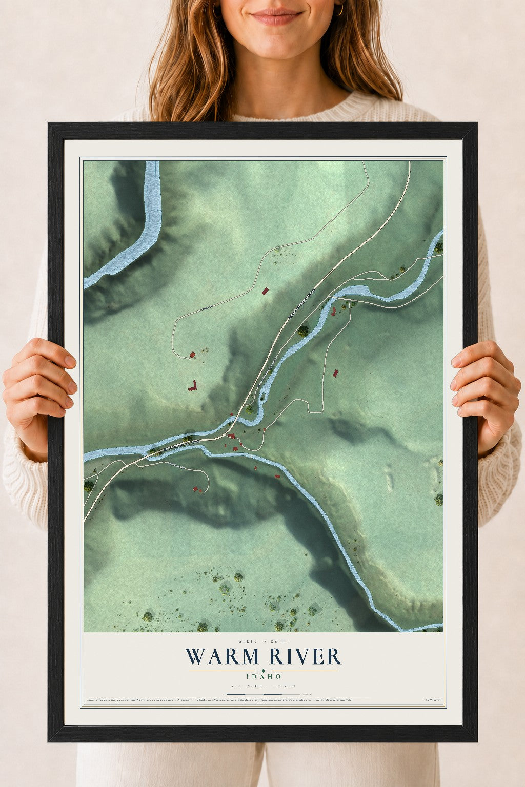 Map of Warm River, Idaho, 18 x 24 inch print in a black wood frame