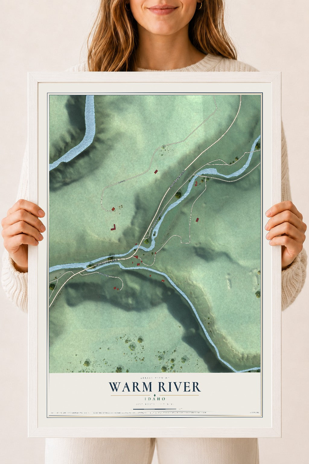 Map of Warm River, Idaho, 18 x 24 inch print in a white wood frame