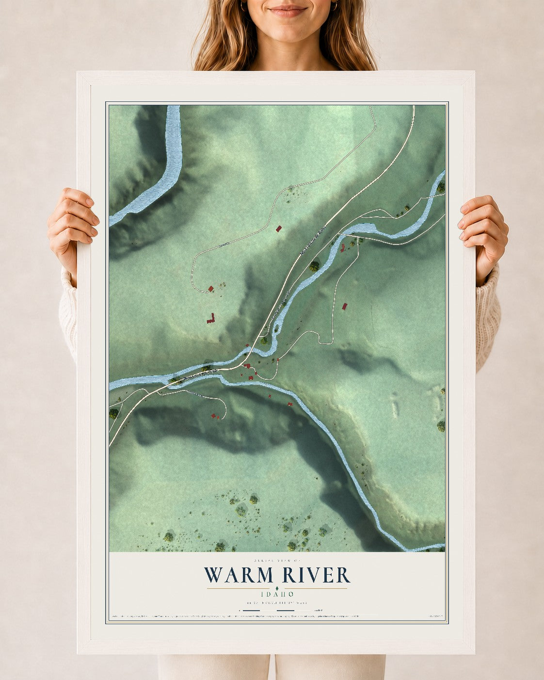 Map of Warm River, Idaho, 24 x 36 inch print in a white wood frame