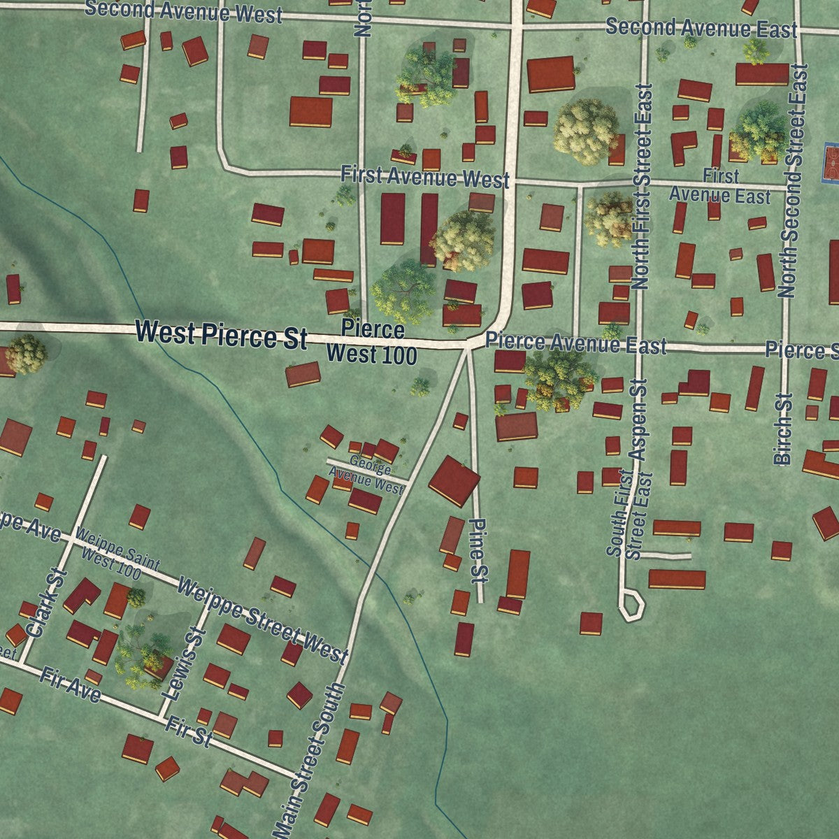 Close-up of the map of Weippe, Idaho print showing street and building detail