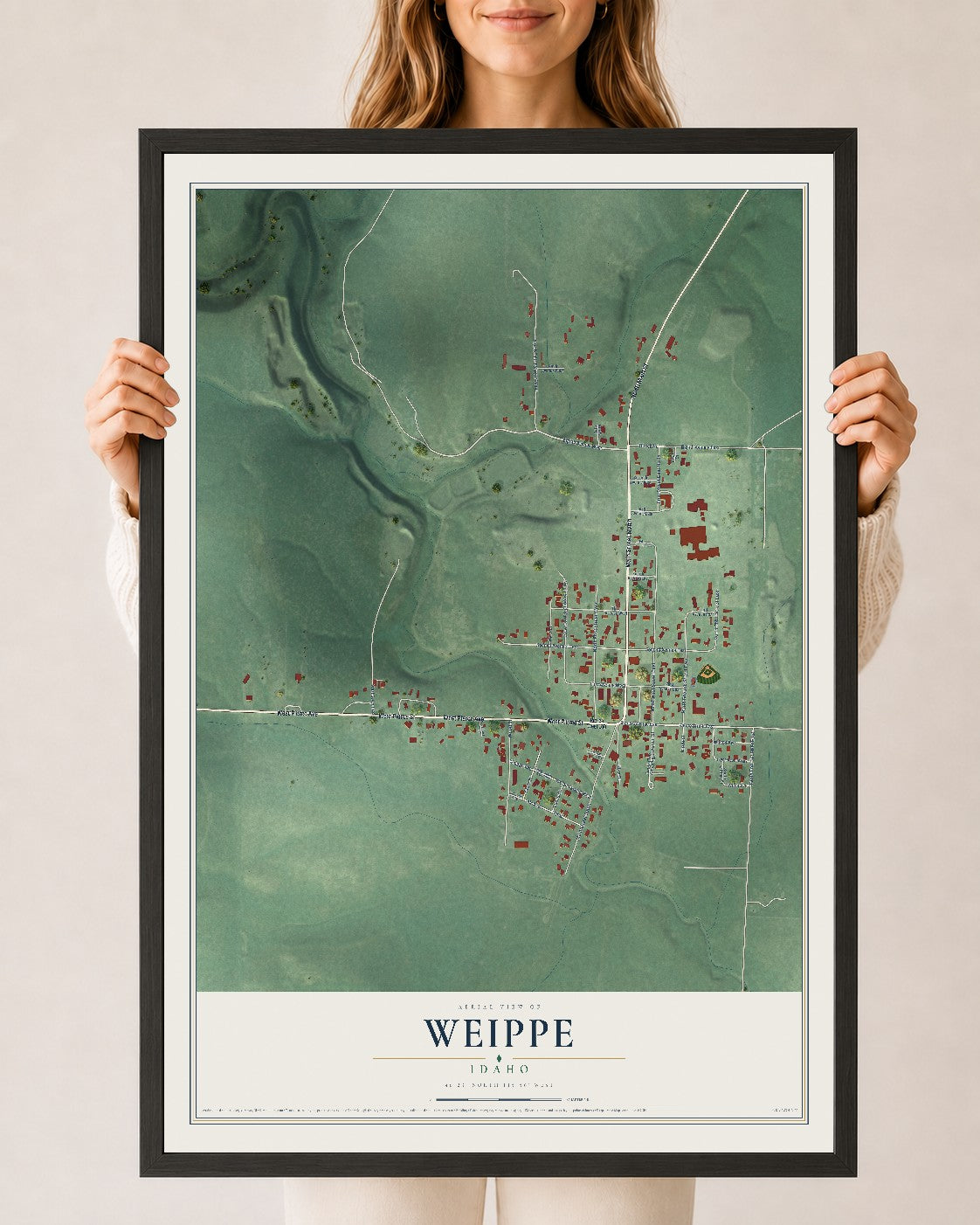 Map of Weippe, Idaho, 24 x 36 inch print in a black wood frame