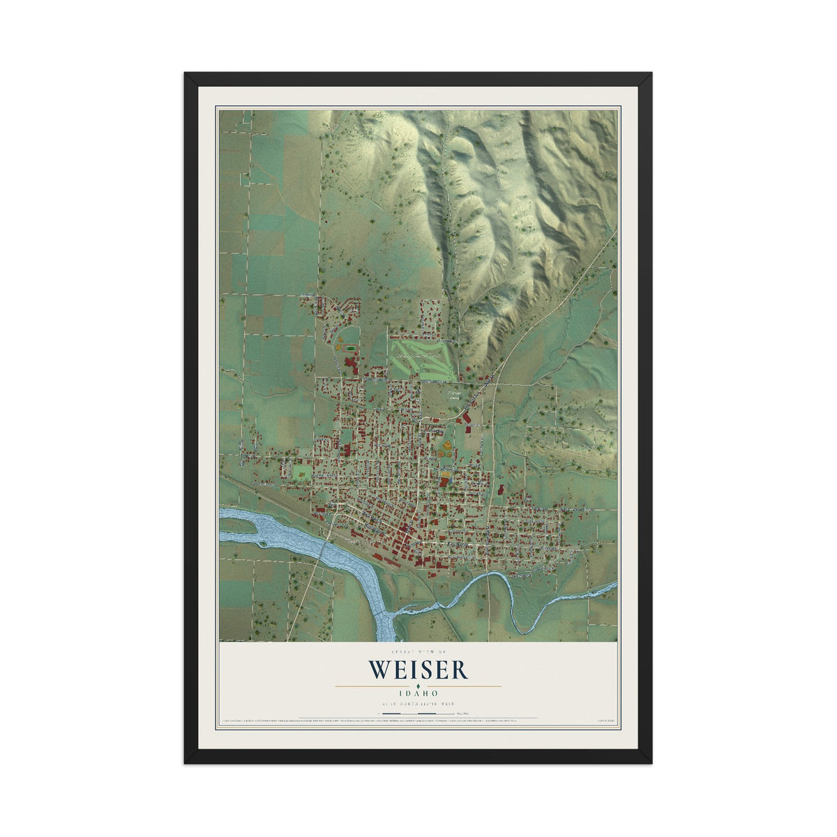 Map of Weiser, Idaho, 12 x 18 inch print in a black wood frame