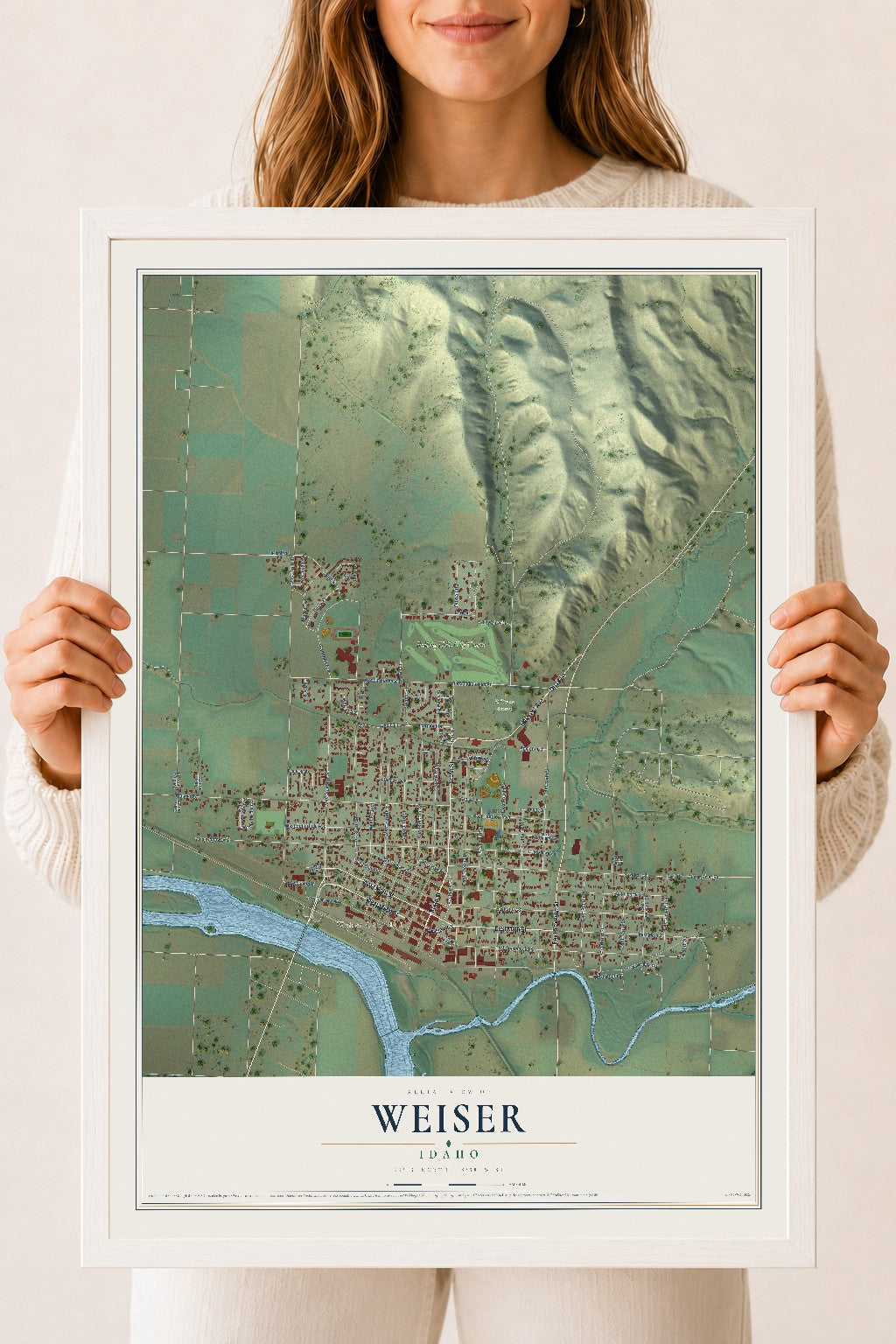 Map of Weiser, Idaho, 18 x 24 inch print in a white wood frame