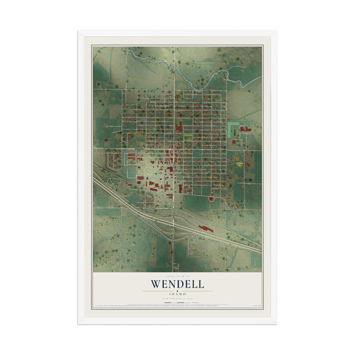 Map of Wendell, Idaho, 12 x 18 inch print in a white wood frame