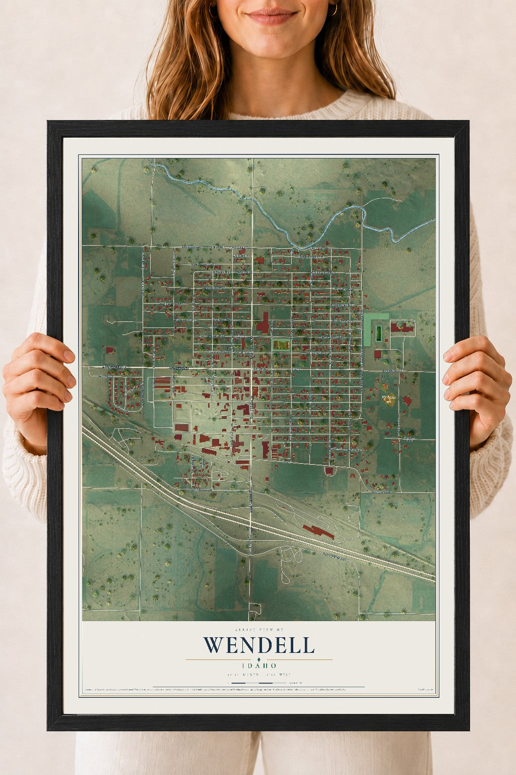 Map of Wendell, Idaho, 18 x 24 inch print in a black wood frame