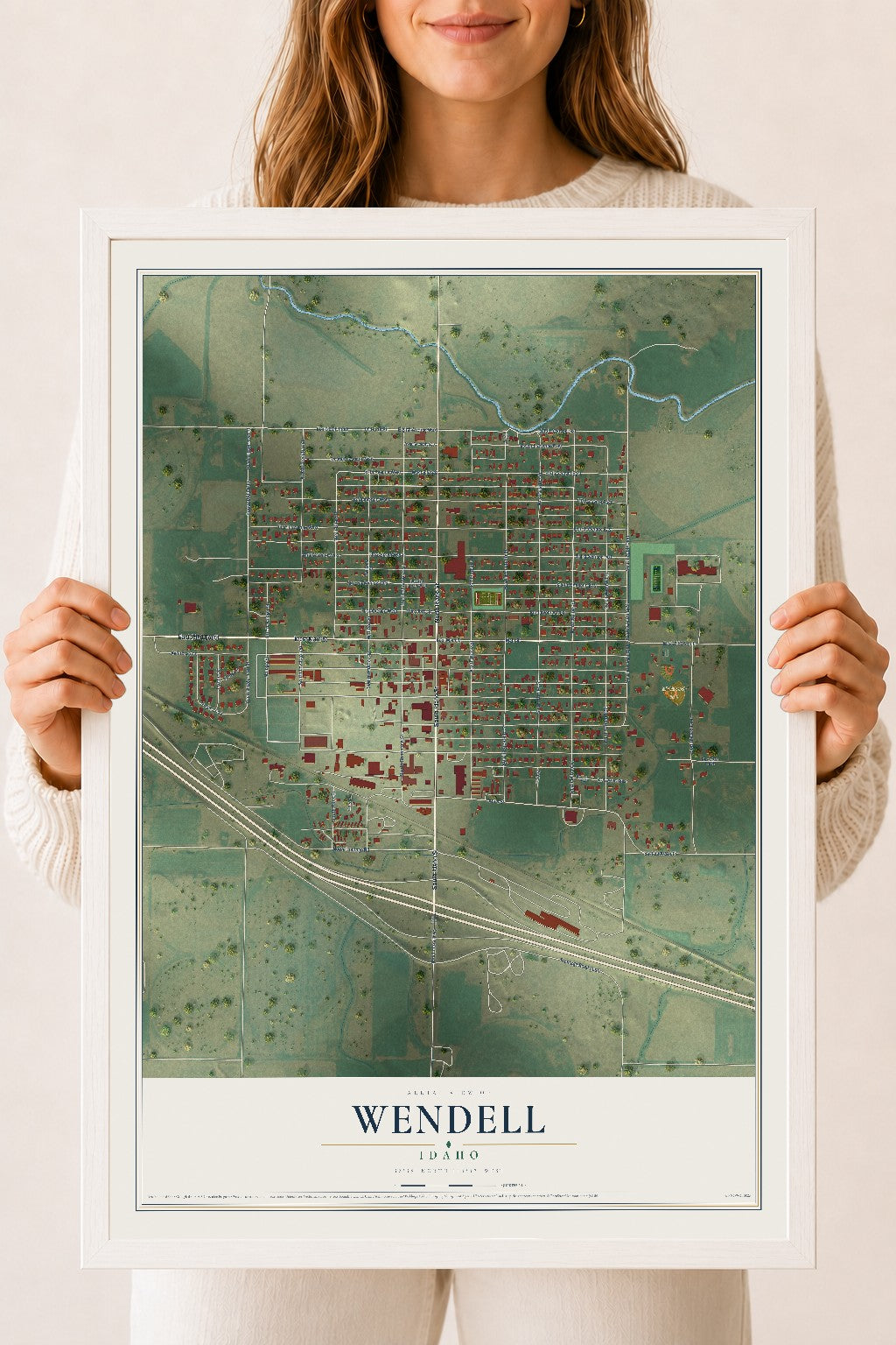 Map of Wendell, Idaho, 18 x 24 inch print in a white wood frame