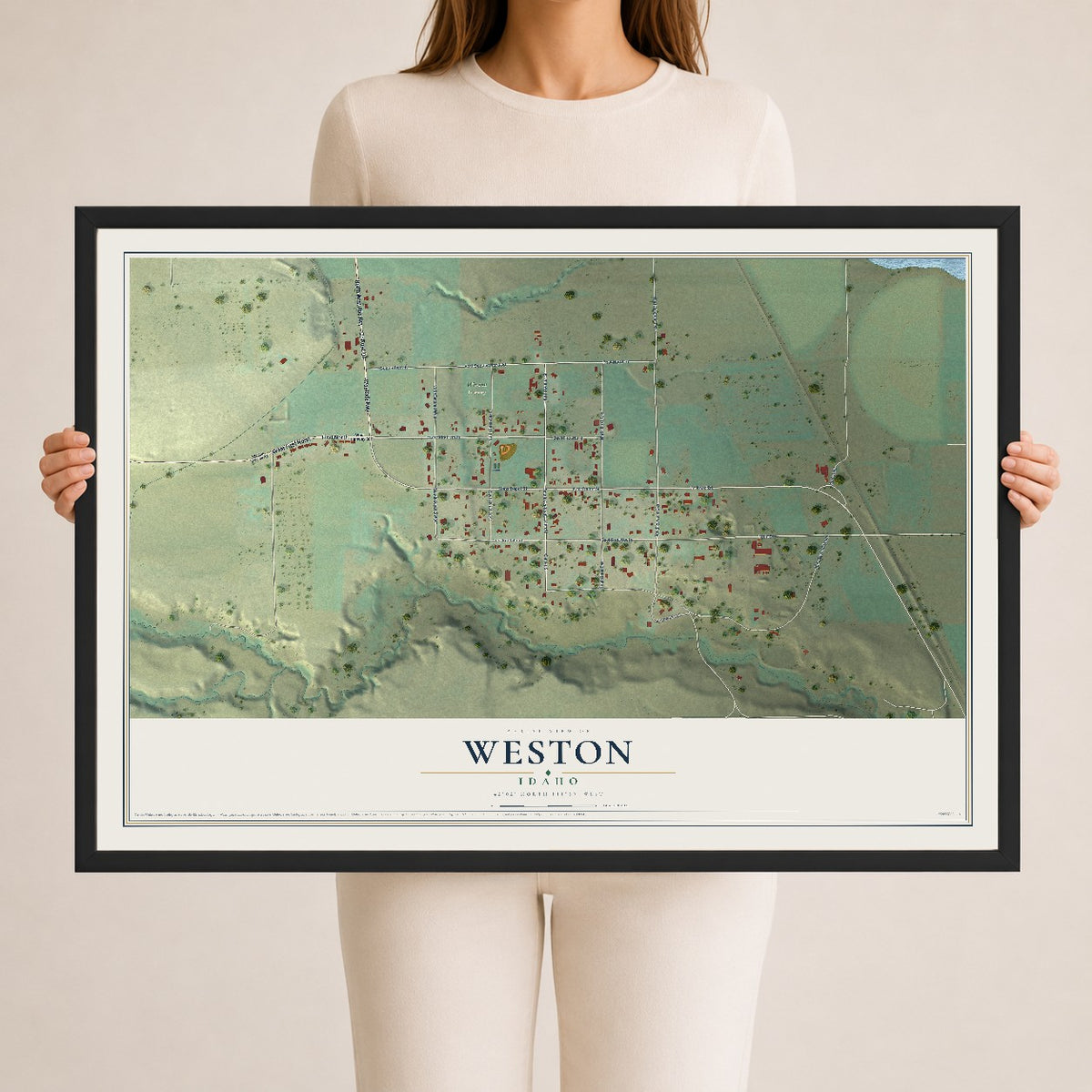 Map of Weston, Idaho, 24 x 36 inch print in a black wood frame