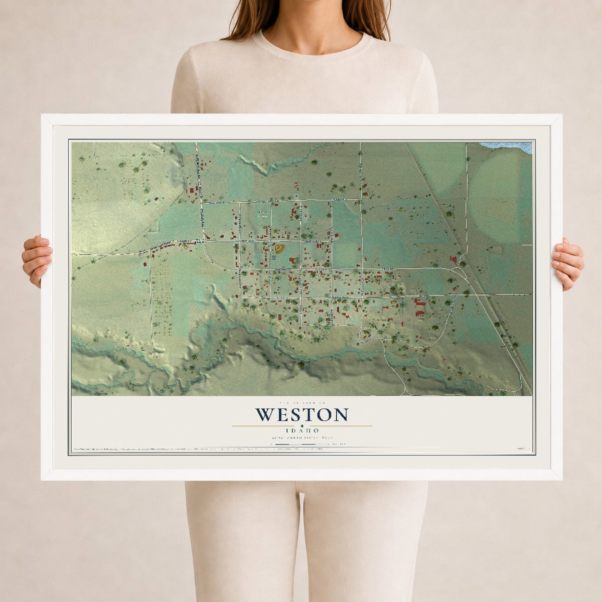 Map of Weston, Idaho, 24 x 36 inch print in a white wood frame