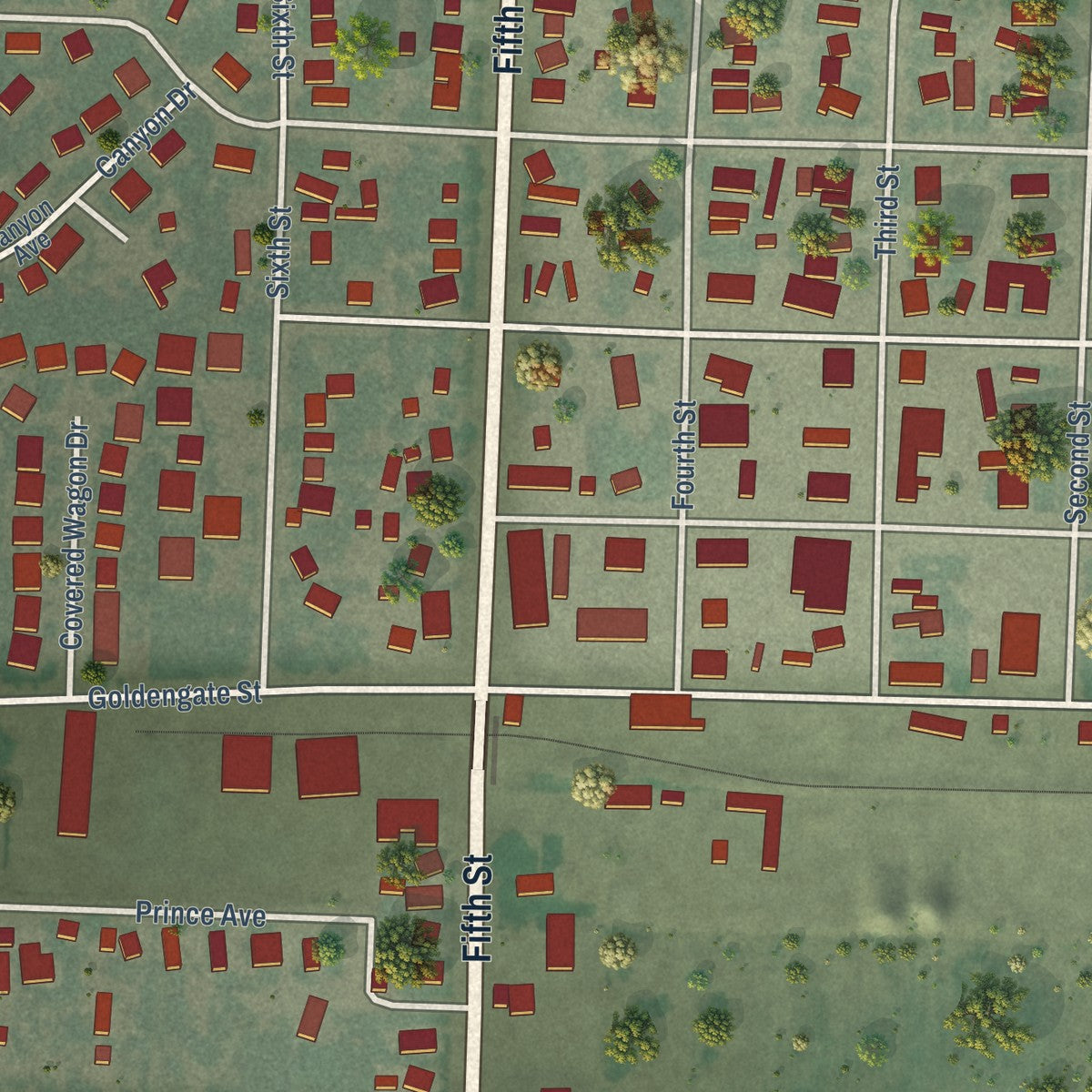 Close-up of the map of Wilder, Idaho print showing street and building detail