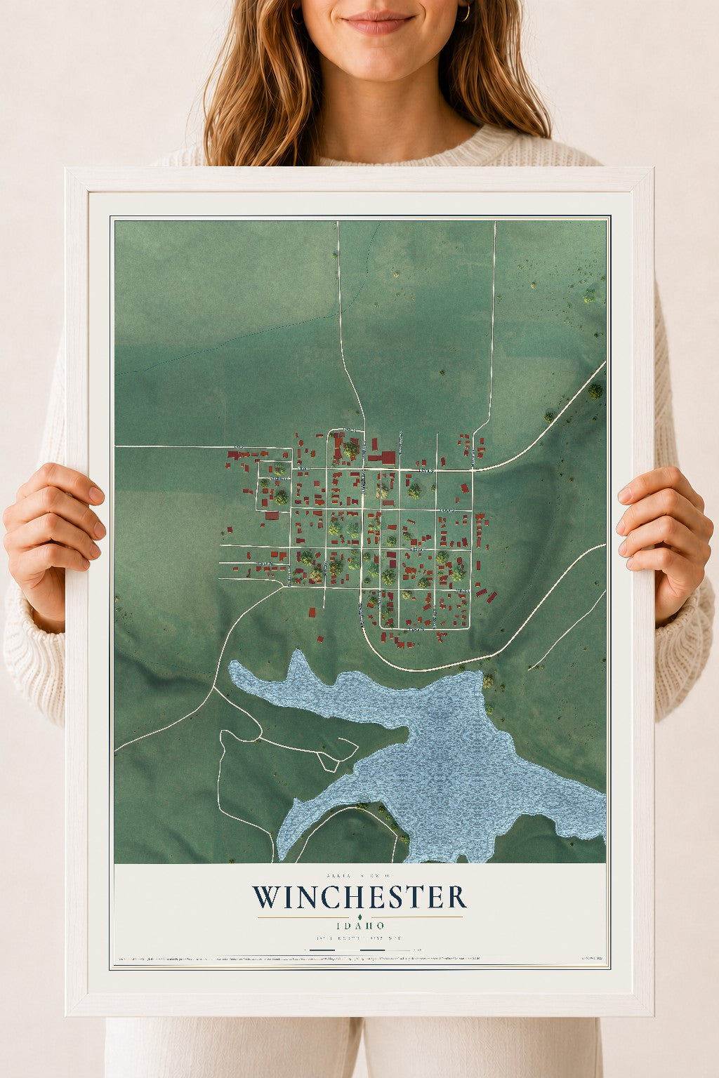 Map of Winchester, Idaho, 18 x 24 inch print in a white wood frame