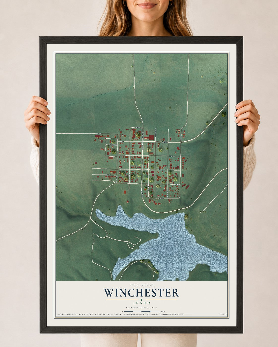 Map of Winchester, Idaho, 24 x 36 inch print in a black wood frame