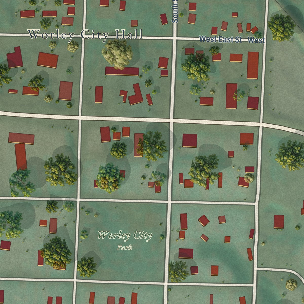 Close-up of the map of Worley, Idaho print showing street and building detail