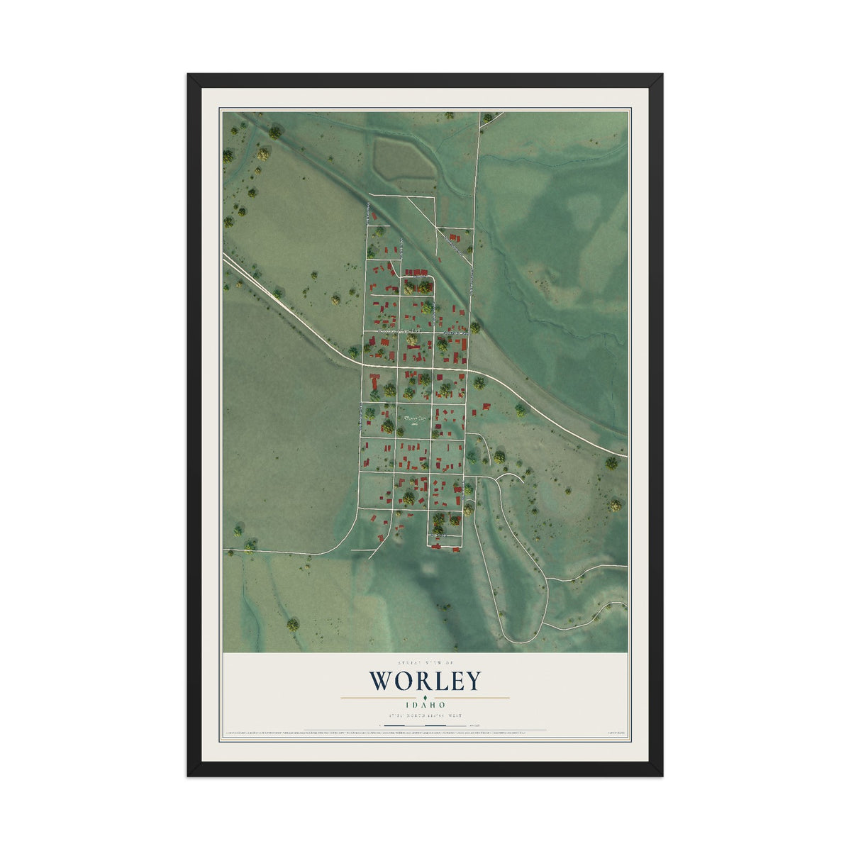 Map of Worley, Idaho, 12 x 18 inch print in a black wood frame