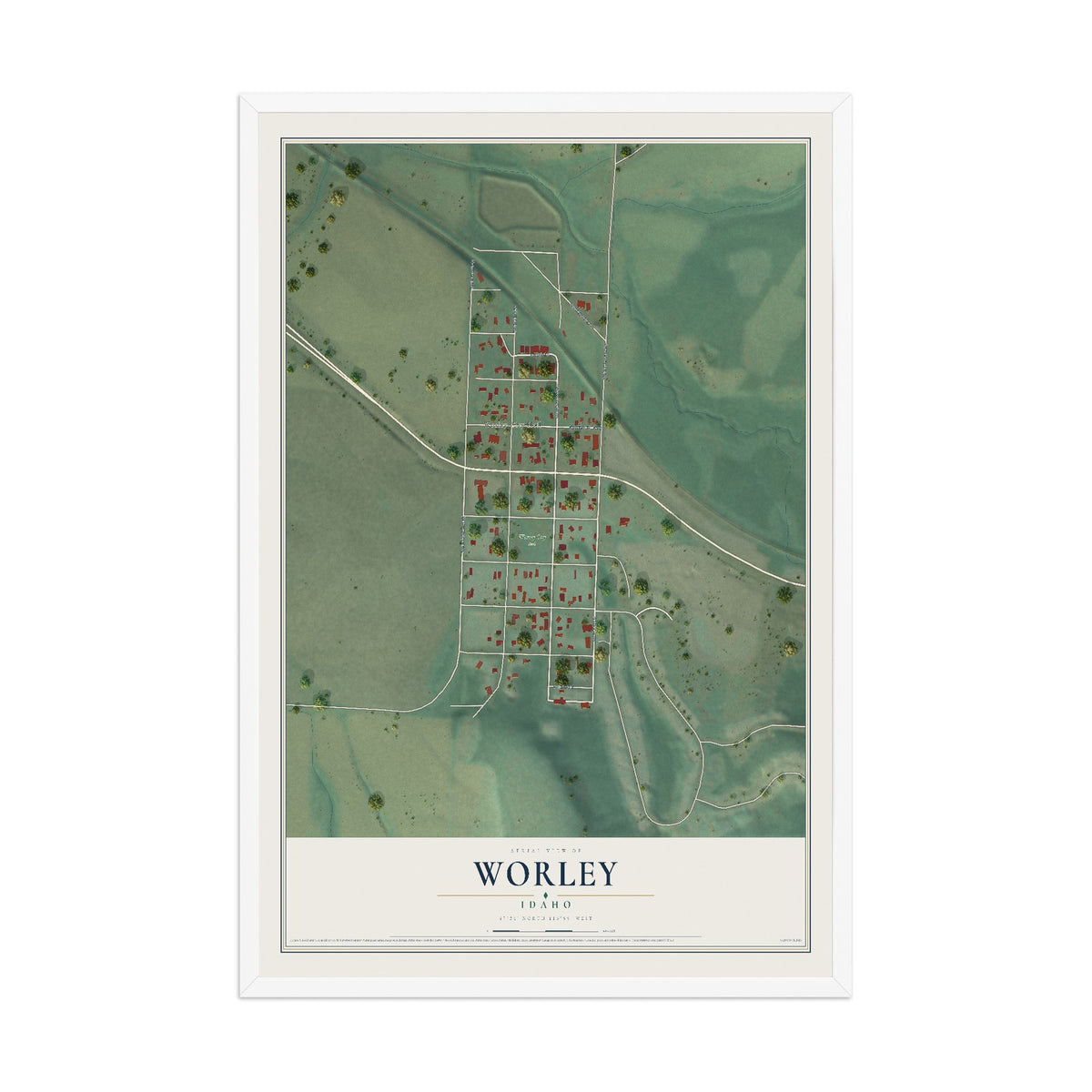 Map of Worley, Idaho, 12 x 18 inch print in a white wood frame