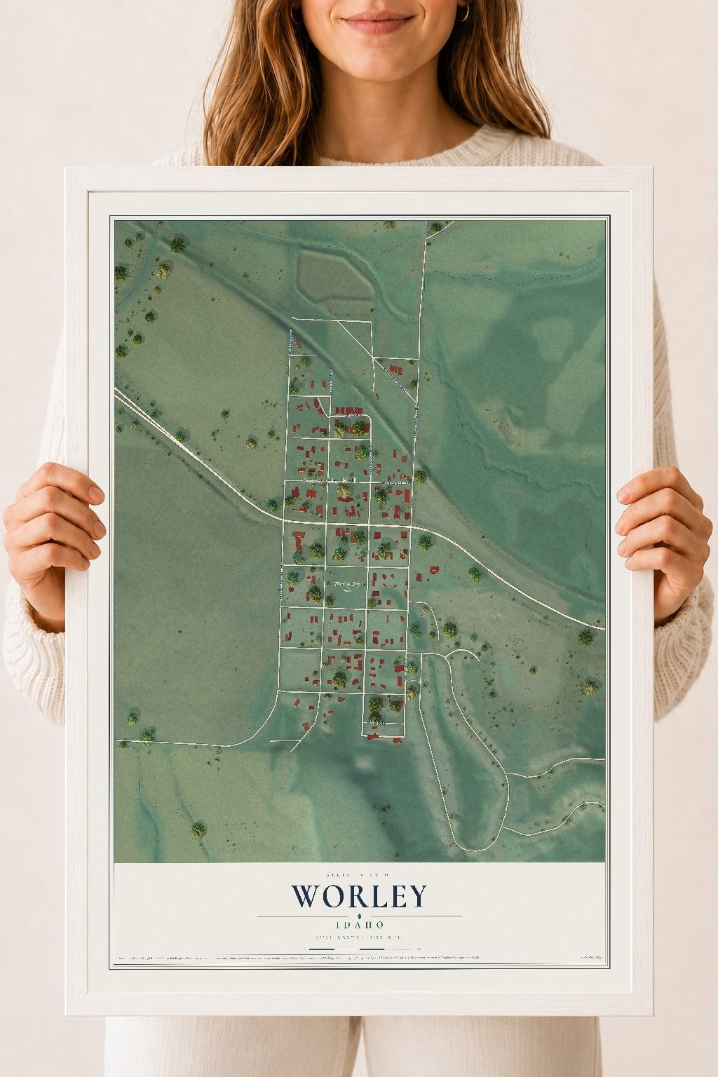 Map of Worley, Idaho, 18 x 24 inch print in a white wood frame