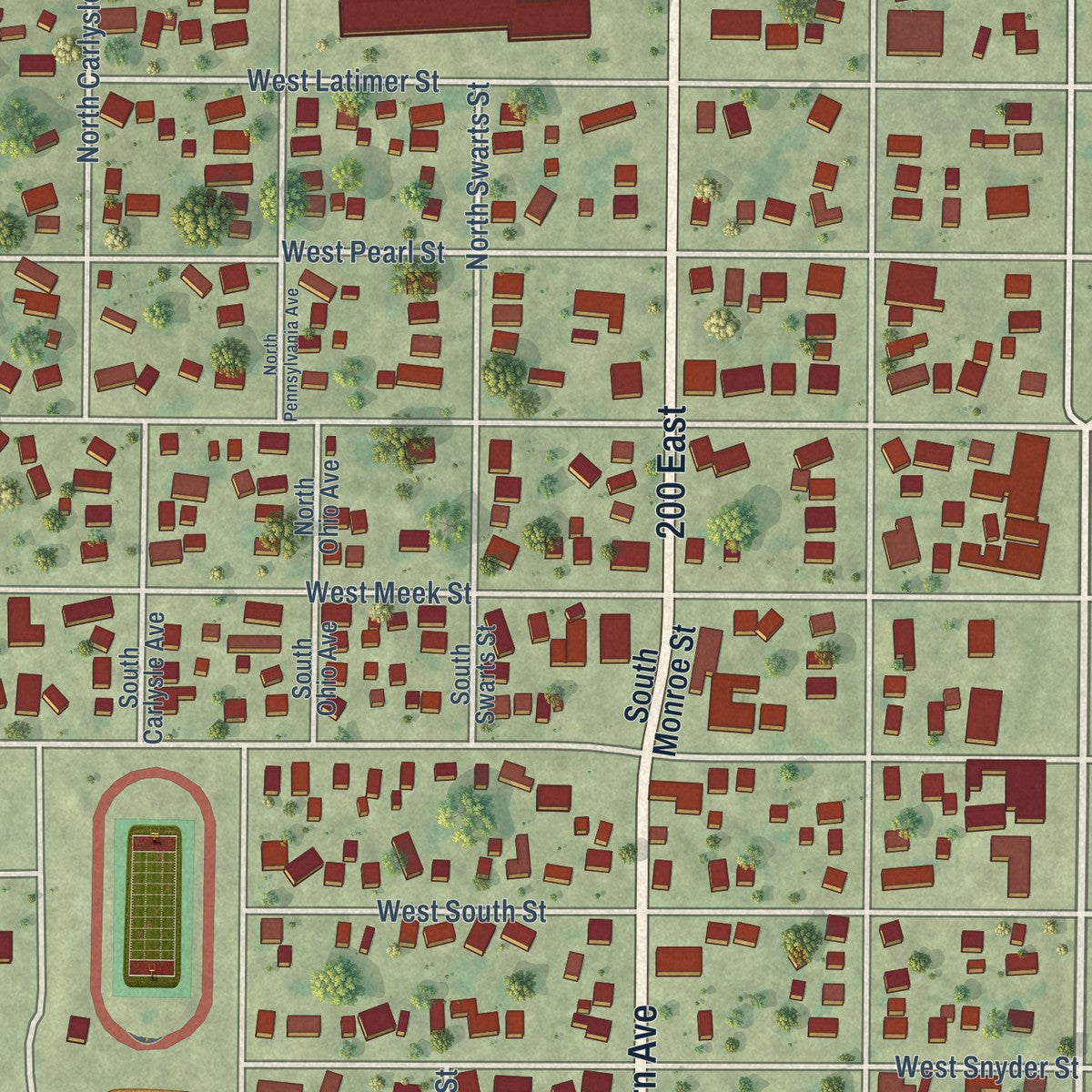 Close-up of the map of Abingdon, Illinois print showing street and building detail
