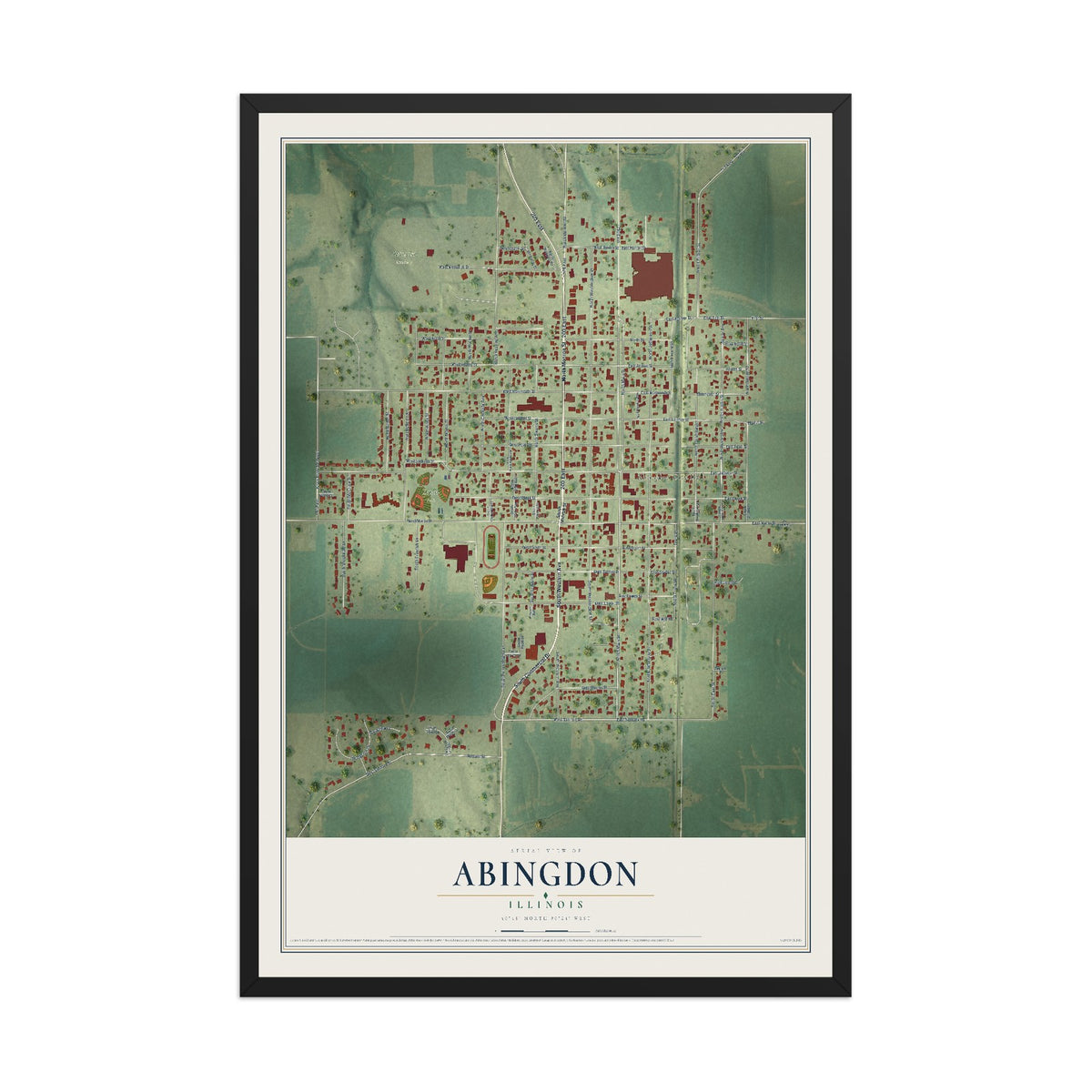 Map of Abingdon, Illinois, 12 x 18 inch print in a black wood frame