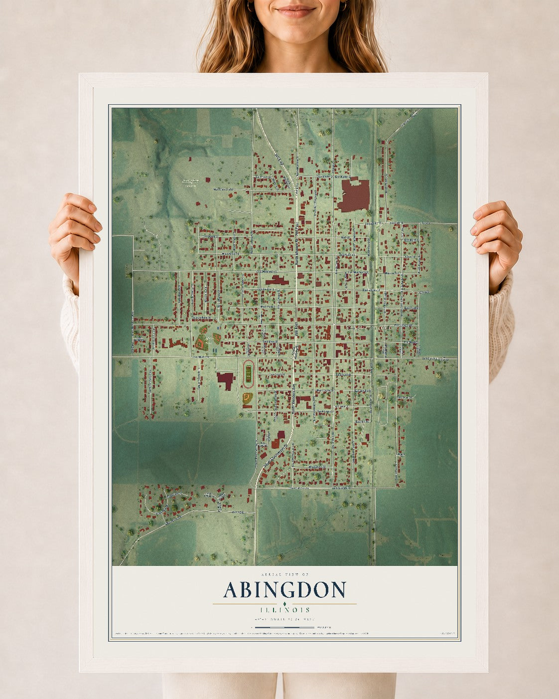Map of Abingdon, Illinois, 24 x 36 inch print in a white wood frame