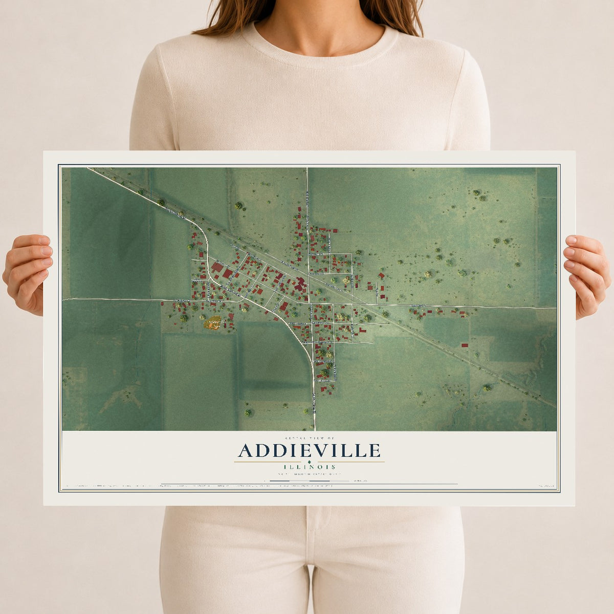 Map of Addieville, Illinois, 12 x 18 inch unframed archival matte print