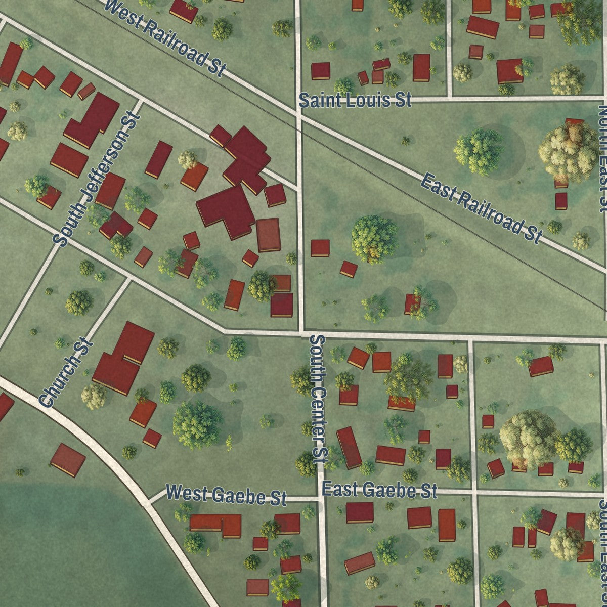 Close-up of the map of Addieville, Illinois print showing street and building detail
