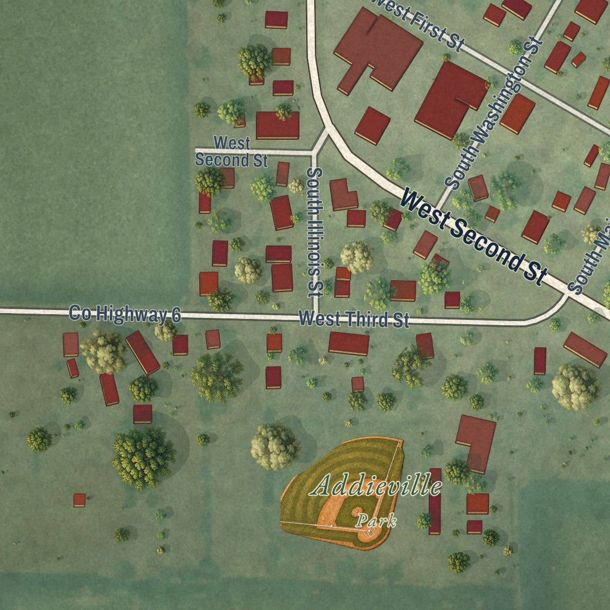 Second close-up of the map of Addieville, Illinois print showing more streets and buildings