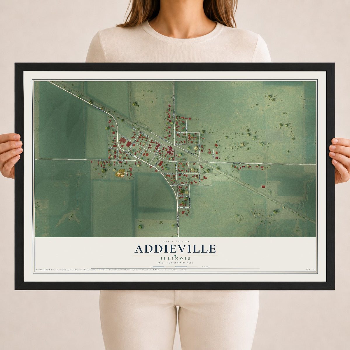 Map of Addieville, Illinois, 18 x 24 inch print in a black wood frame