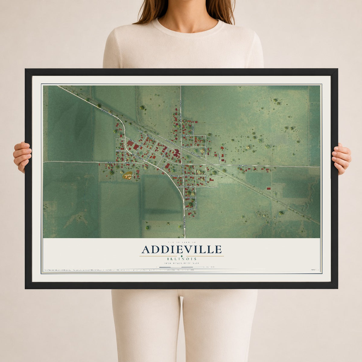 Map of Addieville, Illinois, 24 x 36 inch print in a black wood frame