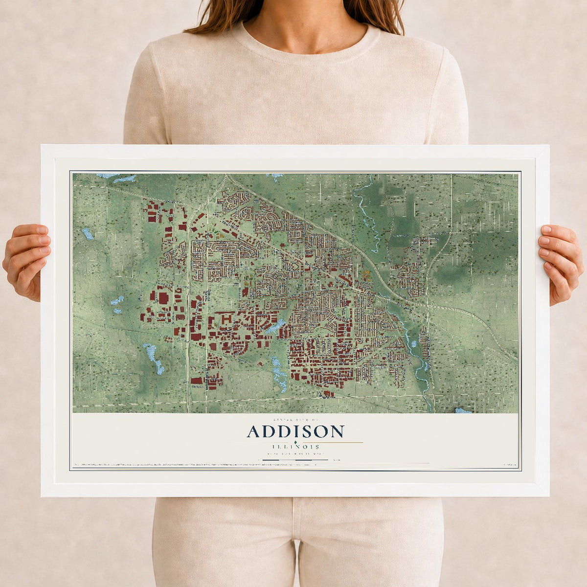 Map of Addison, Illinois, 12 x 18 inch print in a white wood frame