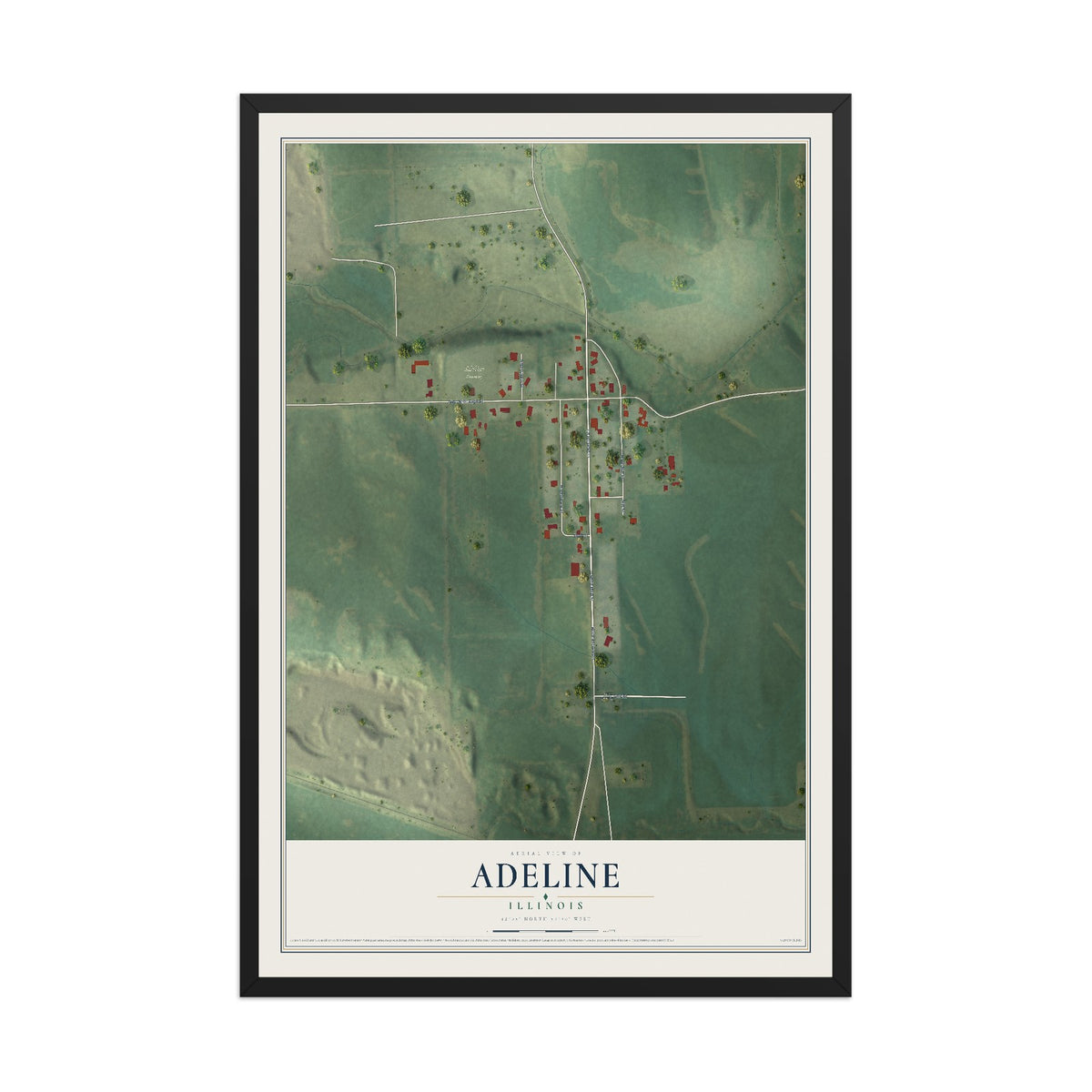 Map of Adeline, Illinois, 12 x 18 inch print in a black wood frame