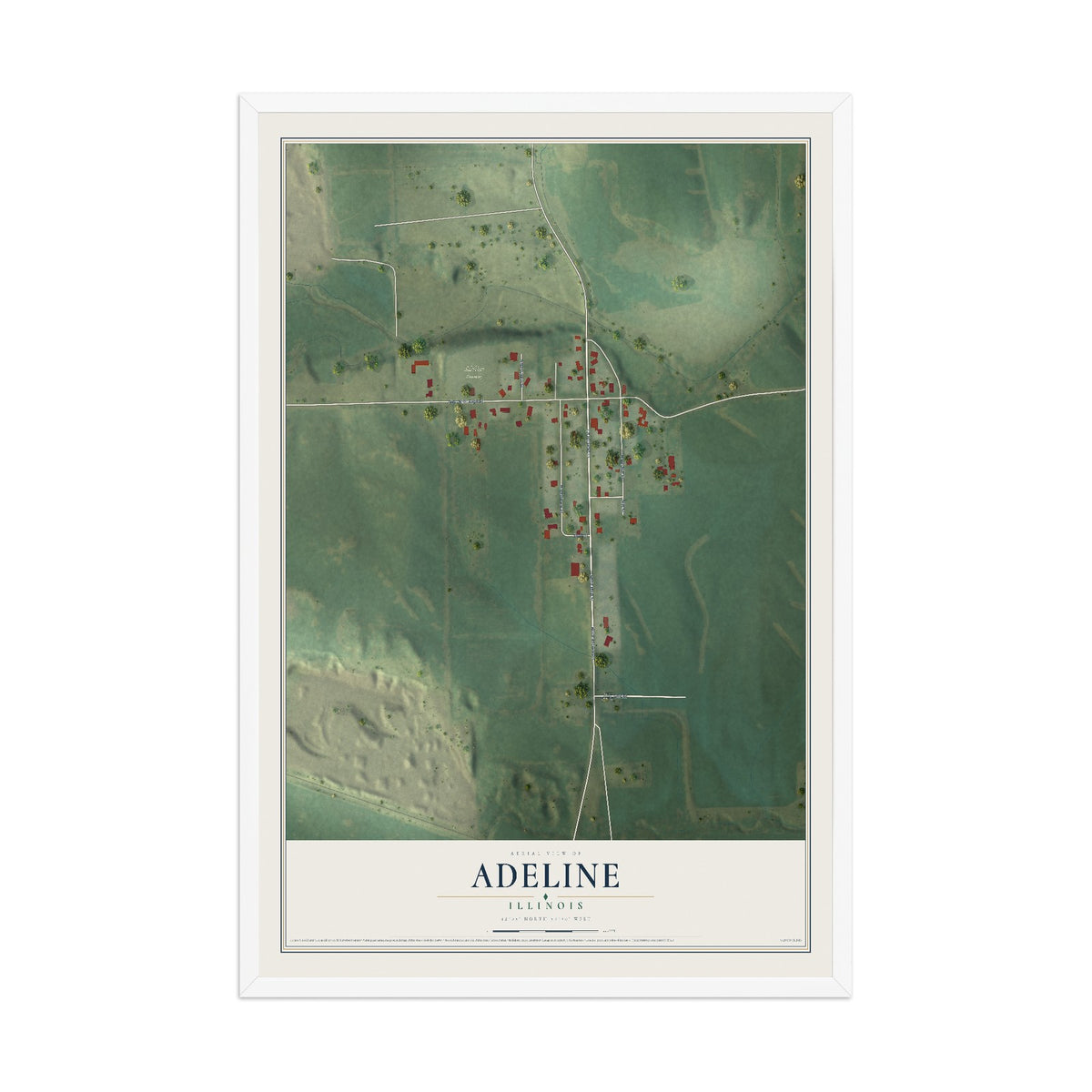 Map of Adeline, Illinois, 12 x 18 inch print in a white wood frame