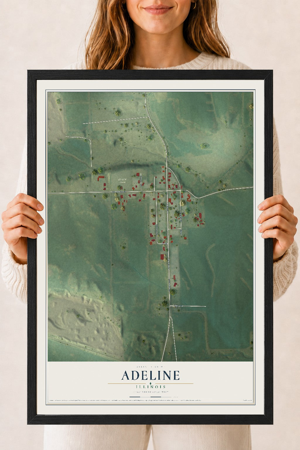 Map of Adeline, Illinois, 18 x 24 inch print in a black wood frame