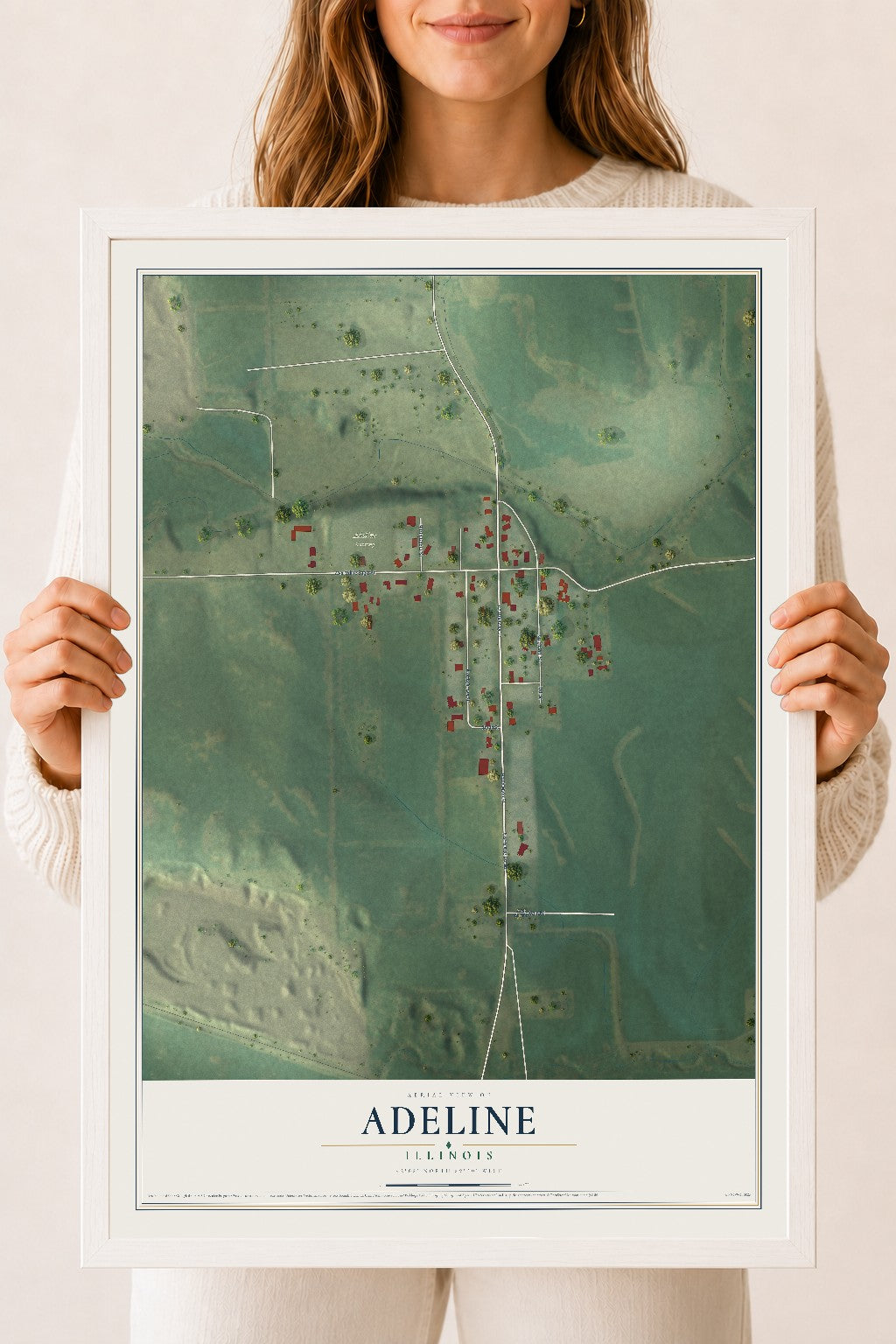 Map of Adeline, Illinois, 18 x 24 inch print in a white wood frame